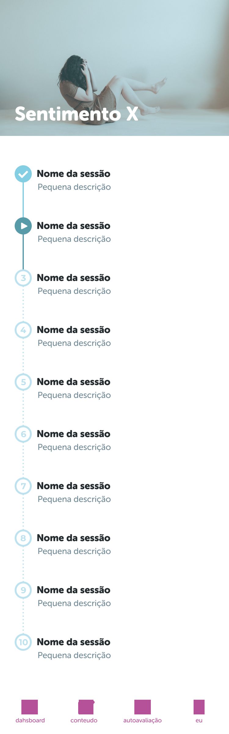 Session list screen from the Auge app design: a feeling-themed series ('Sentimento X') with its sequence of named sessions and progress markers.