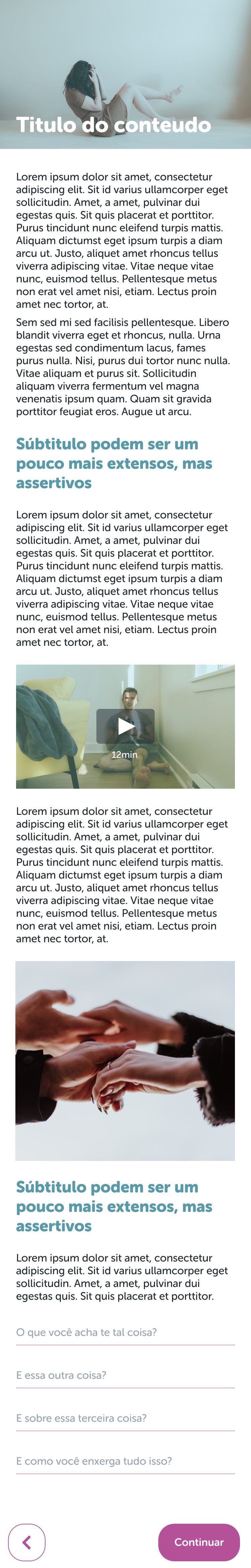 One full session screen from the Auge app design, top to bottom: content title, expansion text, embedded video lesson, technique block and journaling inputs, ending in a continue action — the six-stage content model on a single screen.