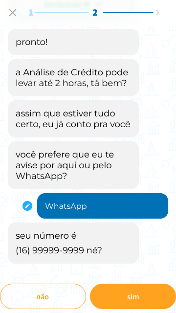 Felí conversation screen from the high-fidelity prototype: the assistant explains the credit analysis can take up to two hours and offers to notify the buyer here or on WhatsApp, with quick-reply buttons.