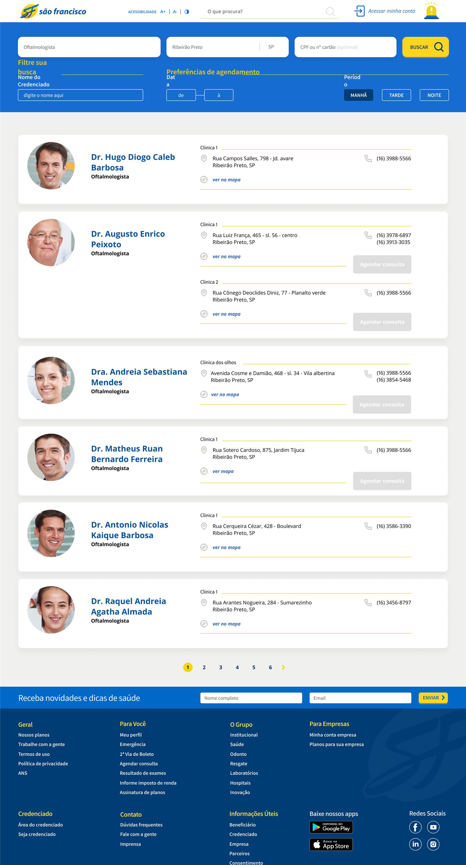 Doctor search results screen from the logged portal prototype, with professional cards and filters.